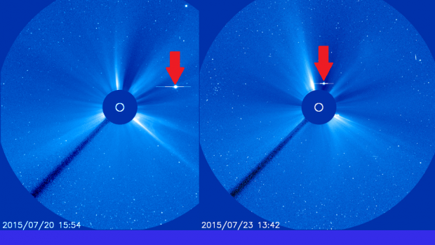 A bright spot in the SOHO/LASCO Coronagraph Image SOHO/LASCO C3 Coronagraph Image of a bright dot moving across the field of view.